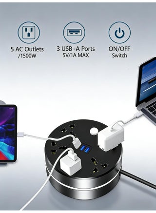 شريط طاقة، سلك تمديد عالمي بخمسة منافذ طاقة و3 منافذ USB، بطول مترين، شريط طاقة بخمسة منافذ مع منفذ شحن USB - view 2